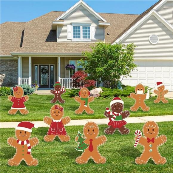10Pcs Christmas Yard Signs with Stakes Gingerbread Man and Other Holiday Designs - Picture 1 of 8